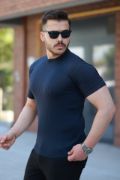 Erkek Bisiklet Yaka örgü Desenli Kısa örme Triko Kısa Kollu T-shirt resmi